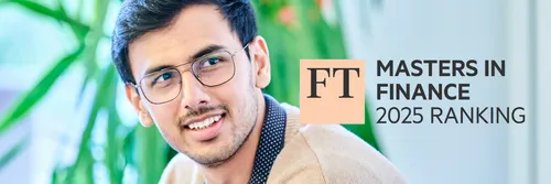 student sitting near plants smiling into the distance with the FT Masters in Finance 2025 logo to his right