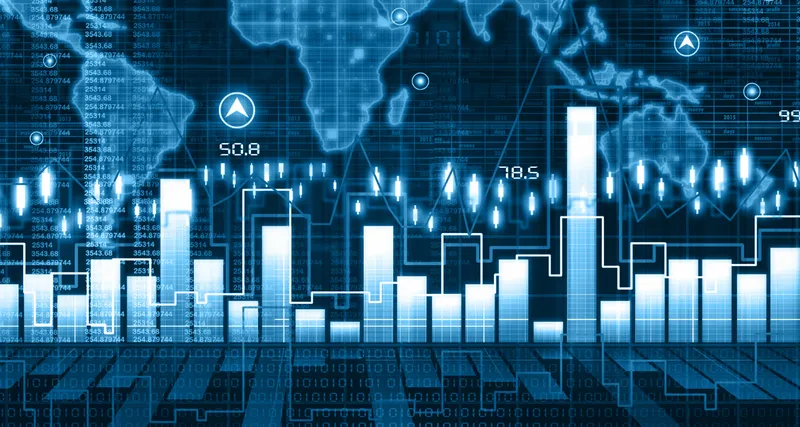 A graphic illustration of economic charts and a world map