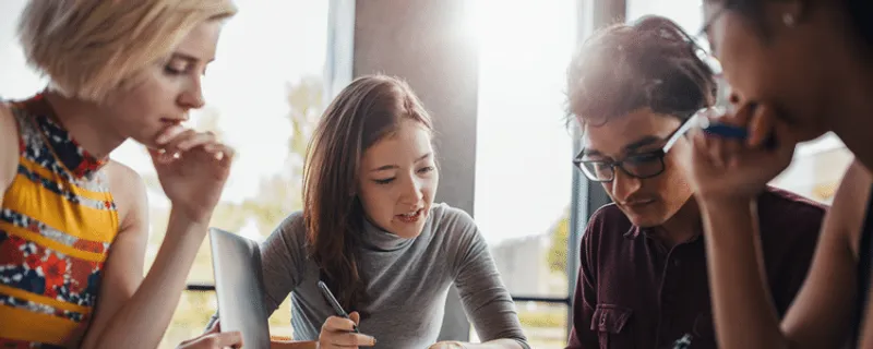 Three female and one male student studying